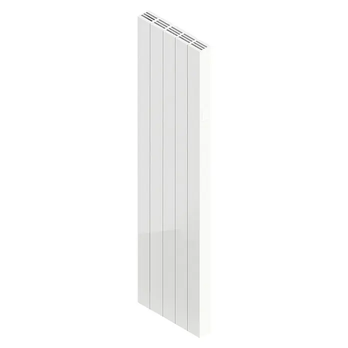 HJM Emisor térmico Vertical AVA - 1.500 W, Blanco, 7,5 x 42,1 x 150 cm, Cerámico - Primer plano de un radiador blanco con rejillas horizontales en la parte superior, ideal para espacios modernos y distribución eficiente del calor.