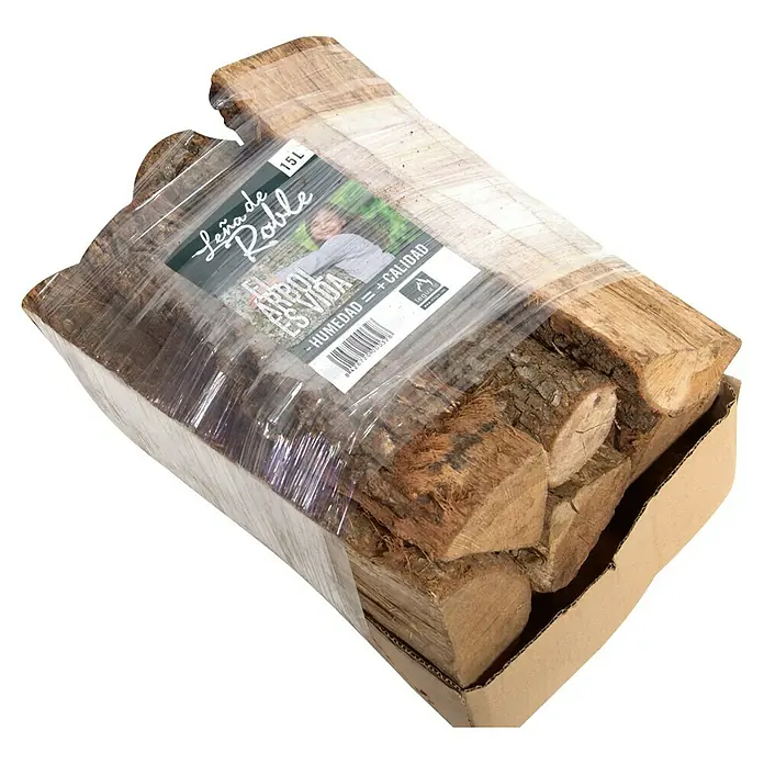 Legua Leña para encender - Roble, 15 l, 1 ud. - Un paquete de leña de roble seca al horno (15L), envuelta en papel de aluminio y cartón para facilitar su transporte y almacenamiento. Ideal para chimeneas y estufas.