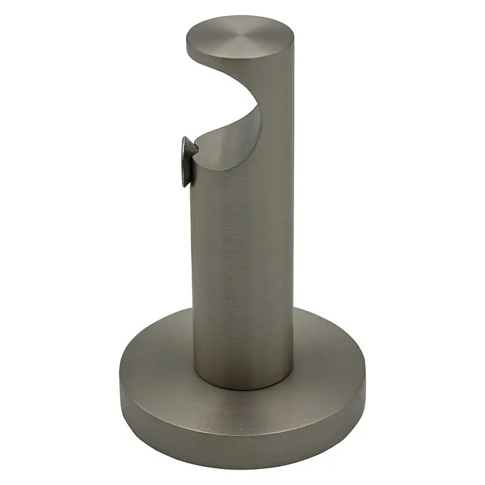 Expo Ambiente Träger Turn - Edelstahloptik, Geeignet für: Gardinenstangen Ø 20 mm, 7,9 cm - Nahaufnahme einer modernen, gebürsteten Nickel-Gardinenstangenhalterung, die ein stilvolles und minimalistisches Design für die Fensterdekoration zeigt.