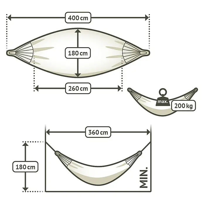 La Siesta Hängematte Brisa Kingsize - L x B: 400 x 180 cm, Wave - Abmessungen und Belastungsgrenze der Hängematte: 400 x 180 cm, max. 200 kg Belastung, Mindestabstand zwischen den Aufhängepunkten: 360 x 180 cm.