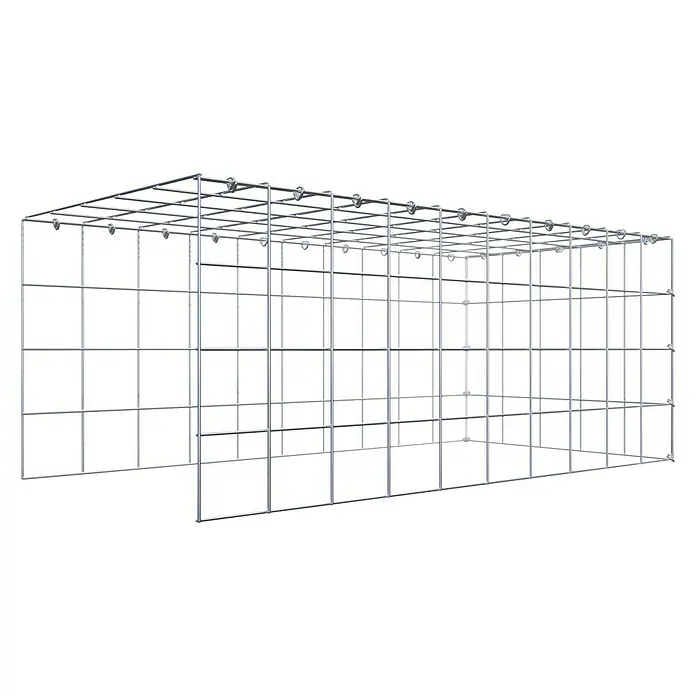 Gabiona Gabione Typ 4 - Zum Anbau in Länge & Höhe, 100 x 50 x 40 cm, Stahl, Maschenbreite: 100 mm, Maschenhöhe: 100 mm, C-Ring - Ein Blick auf einen rechteckigen Gabionen-Bausatz aus silberfarbenem Drahtgeflecht, der auf einem schwarzen Hintergrund steht.