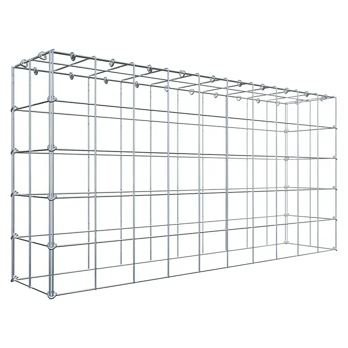 Gabiona Gabione Typ 3 - Zum Anbau in der Höhe, 100 x 20 x 50 cm, Stahl, Maschenbreite: 100 mm, Maschenhöhe: 100 mm, C-Ring - Draufsicht auf ein rechteckiges Gabionengitter aus silbernem Metall mit quadratischen Öffnungen, ideal für den Gartenbau.