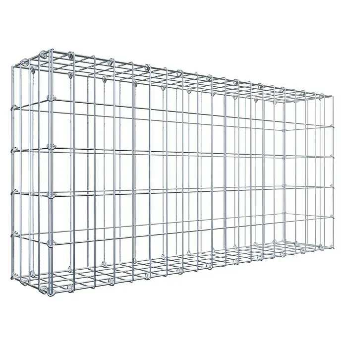 Gabiona Gabione - 100 x 20 x 50 cm, Stahl, Maschenbreite: 50 mm, Maschenhöhe: 100 mm, C-Ring - Gabione aus silberfarbenem Drahtgeflecht auf schwarzem Grund. Ideal für dekorative und funktionale Anwendungen im Garten- und Landschaftsbau.