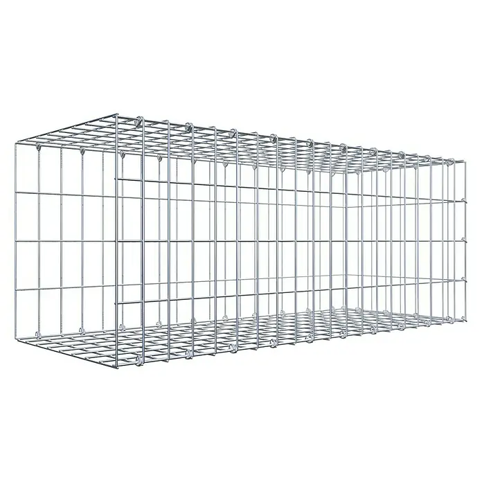 Gabiona Gabione Typ 2 - Zum Anbau in der Länge, 100 x 40 x 40 cm, Stahl, Maschenbreite: 50 mm, Maschenhöhe: 100 mm, C-Ring - Das Bild zeigt einen rechteckigen Gabionenkorb aus Metall mit einem Drahtgeflecht. Er ist leer und unbefüllt und eignet sich für Steine.