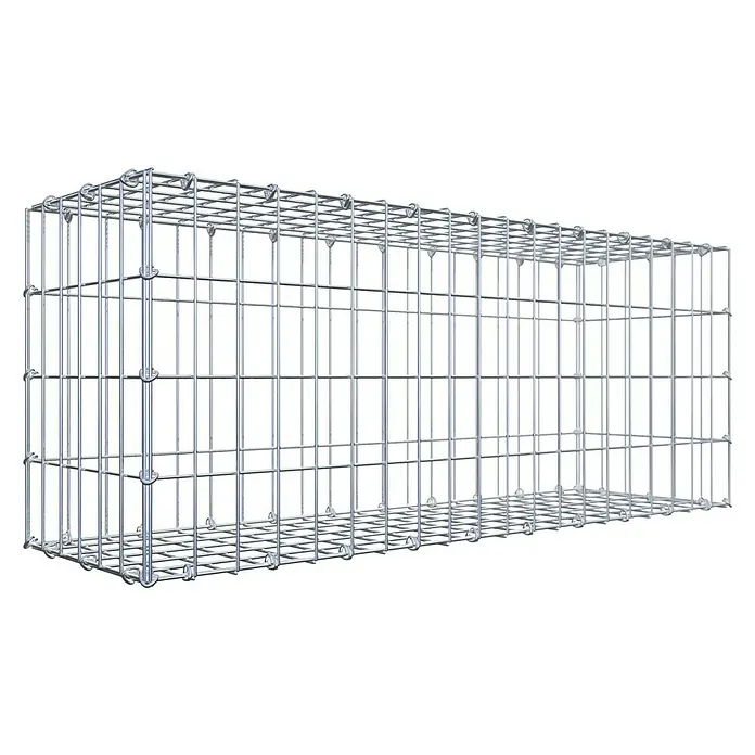 Gabiona Gabione - 100 x 30 x 40 cm, Stahl, Maschenbreite: 50 mm, Maschenhöhe: 100 mm - Das Bild zeigt einen rechteckigen Gabionenkorb aus silbernem Metalldraht, ideal für dekorative Zwecke im Garten oder als Stützmauer.