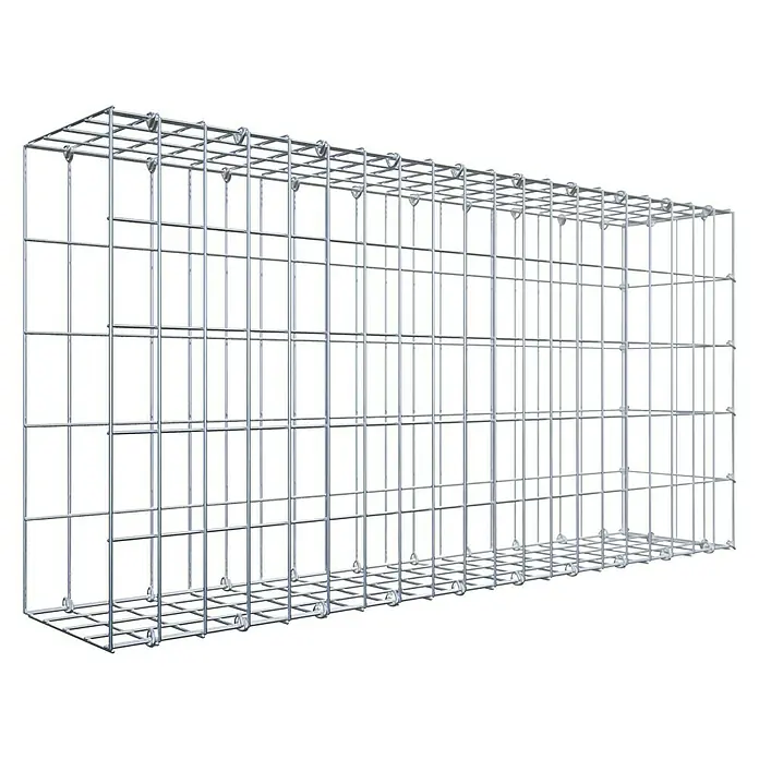 Gabiona Gabione Typ 2 - Zum Anbau in der Länge, 100 x 20 x 50 cm, Stahl, Maschenbreite: 50 mm, Maschenhöhe: 100 mm, C-Ring - Ein rechteckiger Gabionenkorb aus silberfarbenem Drahtgeflecht, ideal für den Garten- und Landschaftsbau, bietet Stabilität und Vielseitigkeit.