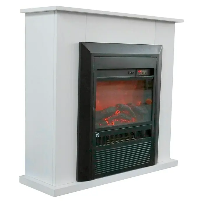 Voltomat HEATING Chimenea eléctrica Beli - 2.000 W, Blanco - Primer plano de una chimenea eléctrica con marco blanco. La unidad es negra y tiene un efecto de llama realista.