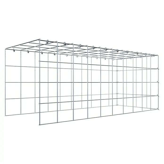 Gabiona Gabione Typ 4 - Zum Anbau in Länge & Höhe, 100 x 40 x 40 cm, Stahl, Maschenbreite: 100 mm, Maschenhöhe: 100 mm, C-Ring - Das Bild zeigt einen Gabionenkorb aus Drahtgeflecht, der als Stützmauer oder zur Landschaftsgestaltung eingesetzt werden kann. Das Metallgeflecht ist silbern glänzend.