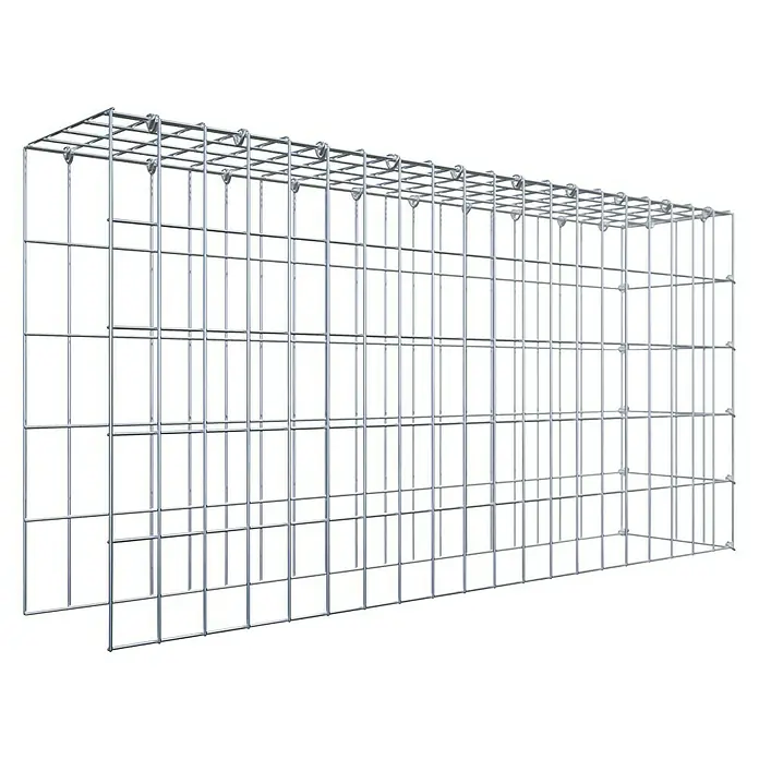 Gabiona Gabione Typ 4 - Zum Anbau in Länge & Höhe, 100 x 20 x 50 cm, Stahl, Maschenbreite: 50 mm, Maschenhöhe: 100 mm, C-Ring - Ansicht eines rechteckigen Gabionenkorbs aus Drahtgeflecht. Der Gabionenkorb ist leer und steht vor einem schwarzen Hintergrund.
