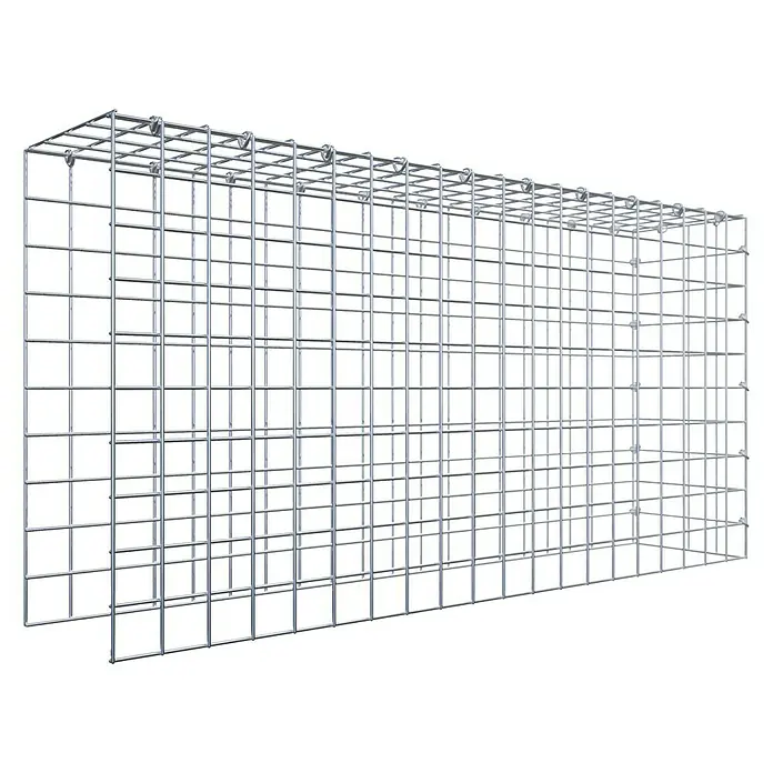 Gabiona Gabione Typ 4 - Zum Anbau in Länge & Höhe, 100 x 20 x 50 cm, Stahl, Maschenbreite: 50 mm, Maschenhöhe: 50 mm, C-Ring - Nahaufnahme einer Gabionenwand, ein Drahtgitterkorb zur Befüllung mit Steinen. Ideal für Gartenbau und Lärmschutz. Robust und langlebig.