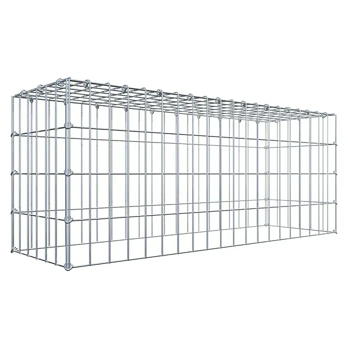 Gabiona Gabione Typ 3 - Zum Anbau in der Höhe, 100 x 30 x 40 cm, Stahl, Maschenbreite: 50 mm, Maschenhöhe: 100 mm, C-Ring - Ein rechteckiger Gabionenkorb aus silberfarbenem Drahtgeflecht, ideal für den Garten- und Landschaftsbau, präsentiert auf schwarzem Hintergrund.