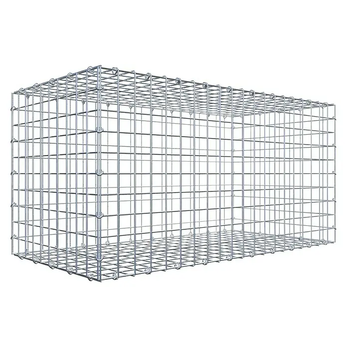 Gabiona Gabione - 100 x 50 x 50 cm, Stahl, Maschenbreite: 50 mm, Maschenhöhe: 50 mm, C-Ring - Ein rechteckiger, silberner Gabionenkorb aus Drahtgitter, freistehend auf schwarzem Hintergrund. Ideal für Gartenbau und Landschaftsgestaltung.