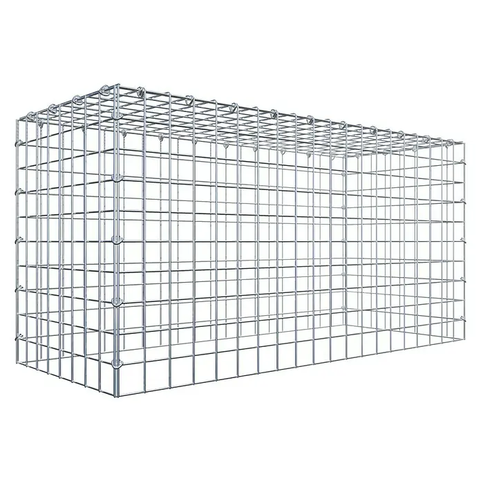 Gabiona Gabione Typ 3 - Zum Anbau in der Höhe, 100 x 40 x 50 cm, Stahl, Maschenbreite: 50 mm, Maschenhöhe: 50 mm, C-Ring - Das Bild zeigt einen rechteckigen Gabionenkorb aus verzinktem Draht, der eine robuste und moderne Ästhetik für den Außenbereich bietet.