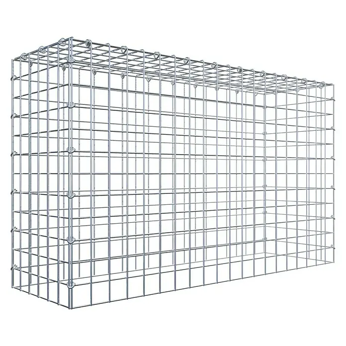 Gabiona Gabione Typ 3 - Zum Anbau in der Höhe, 100 x 30 x 60 cm, Stahl, Maschenbreite: 50 mm, Maschenhöhe: 50 mm, C-Ring - Ein rechteckiger Gabionenkorb aus silbernem Metallgitter, der ein robustes und langlebiges Produkt für den Außenbereich darstellt.