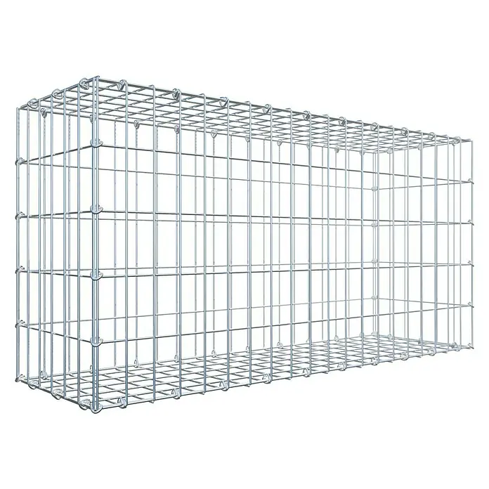 Gabiona Gabione - 100 x 30 x 50 cm, Stahl, Maschenbreite: 50 mm, Maschenhöhe: 100 mm - Nahaufnahme eines leeren Gabionenkäfigs aus Draht, der eine robuste und vielseitige Lösung für Landschaftsgestaltung und Bauzwecke bietet.