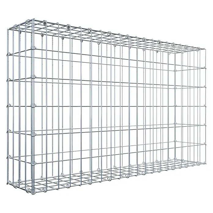 Gabiona Gabione - 100 x 20 x 60 cm, Stahl, Maschenbreite: 50 mm, Maschenhöhe: 100 mm, C-Ring - Ein länglicher Gabionen-Käfig aus silberfarbenem Drahtgitter, leer und bereit zur Befüllung, freigestellt vor schwarzem Hintergrund.