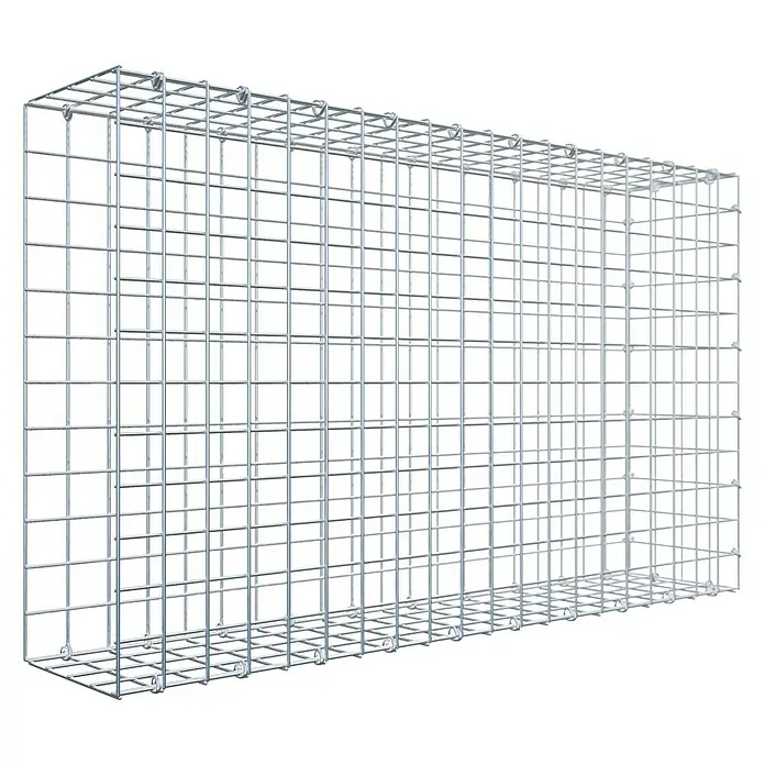 Gabiona Gabione Typ 2 - Zum Anbau in der Länge, 100 x 20 x 60 cm, Stahl, Maschenbreite: 50 mm, Maschenhöhe: 50 mm, C-Ring - Das Bild zeigt einen Gabionenkorb aus verzinktem Stahl, der für den Einsatz im Garten- und Landschaftsbau konzipiert wurde. Der Korb ist leer.