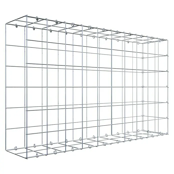 Gabiona Gabione Typ 2 - Zum Anbau in der Länge, 100 x 20 x 60 cm, Stahl, Maschenbreite: 100 mm, Maschenhöhe: 100 mm, C-Ring - Draufsicht auf einen Gabionenkorb aus Metall. Der Gabionenkorb ist leer und besteht aus einem Gitter.