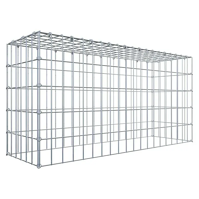Gabiona Gabione Typ 3 - Zum Anbau in der Höhe, 100 x 30 x 50 cm, Stahl, Maschenbreite: 50 mm, Maschenhöhe: 100 mm, C-Ring - Das Bild zeigt einen leeren Gabionenkorb aus verzinktem Draht, bereit für die Befüllung mit Steinen oder anderen Materialien.