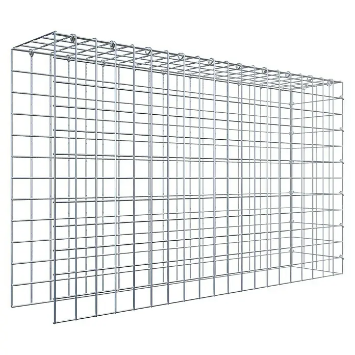 Gabiona Gabione Typ 4 - Zum Anbau in Länge & Höhe, 100 x 20 x 60 cm, Stahl, Maschenbreite: 50 mm, Maschenhöhe: 50 mm, C-Ring - Das Bild zeigt eine dreidimensionale Gabionenkonstruktion aus verzinktem Stahl, die für Erosionsschutz oder dekorative Zwecke eingesetzt wird.