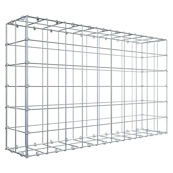 Gabiona Gabione - 100 x 20 x 60 cm, Stahl, Maschenbreite: 100 mm, Maschenhöhe: 100 mm, C-Ring - Ansicht eines Gabionenkorbs aus Metalldraht. Der Gabionenkorb ist leer und bereit für die Befüllung mit Steinen oder anderen Materialien.