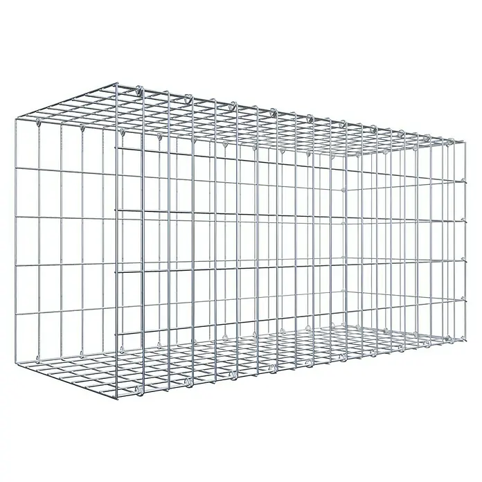 Gabiona Gabione Typ 2 - Zum Anbau in der Länge, 100 x 40 x 50 cm, Stahl, Maschenbreite: 50 mm, Maschenhöhe: 100 mm, C-Ring - Rechteckiger Gabionenkorb aus silbrigem Metalldraht, ideal für Gartenbau und Landschaftsgestaltung, auf schwarzem Hintergrund.