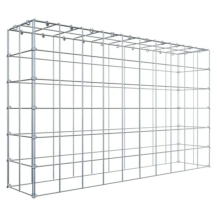 Gabiona Gabione Typ 3 - Zum Anbau in der Höhe, 100 x 20 x 60 cm, Stahl, Maschenbreite: 100 mm, Maschenhöhe: 100 mm, C-Ring - Eine dreidimensionale Ansicht eines Gabionenkorbs, der aus einem silberfarbenen Drahtgitter besteht und eine quaderförmige Form hat.