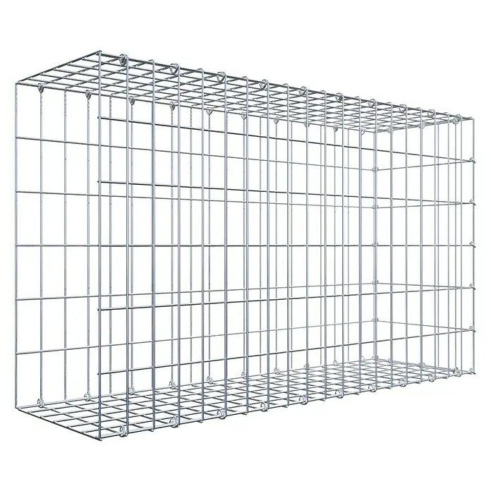 Gabiona Gabione Typ 2 - Zum Anbau in der Länge, 100 x 30 x 60 cm, Stahl, Maschenbreite: 50 mm, Maschenhöhe: 100 mm, C-Ring - Draufsicht auf einen rechteckigen Gabionenkorb aus verzinktem Stahlgitter. Der Korb ist leer und steht vor einem schwarzen Hintergrund.