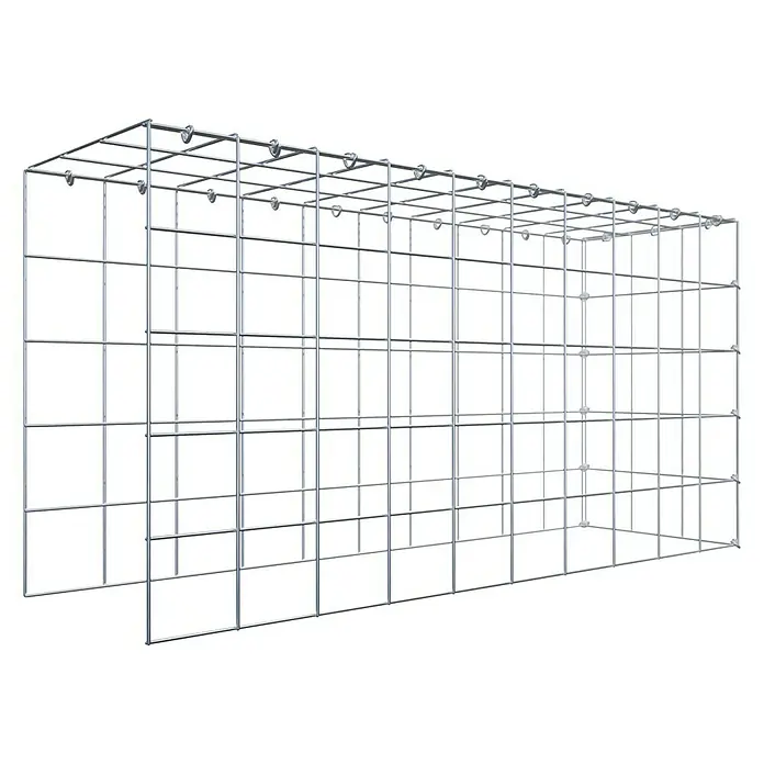 Gabiona Gabione Typ 4 - Zum Anbau in Länge & Höhe, 100 x 30 x 50 cm, Stahl, Maschenbreite: 100 mm, Maschenhöhe: 100 mm, C-Ring - Das Bild zeigt einen Gabionenkorb, der aus einem stabilen Drahtgitter gefertigt ist und eine rechteckige Form aufweist. Ideal für den Gartenbau.