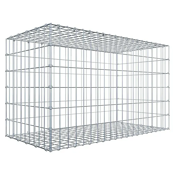 Gabiona Gabione - 100 x 50 x 60 cm, Stahl, Maschenbreite: 50 mm, Maschenhöhe: 100 mm, C-Ring - Das Bild zeigt einen Gabionen-Drahtkorb, der aus silberfarbenem Metallgitter besteht und eine rechteckige Form hat. Er ist leer und stabil.