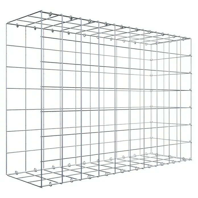 Gabiona Gabione Typ 2 - Zum Anbau in der Länge, 100 x 30 x 70 cm, Stahl, Maschenbreite: 100 mm, Maschenhöhe: 100 mm, C-Ring - Ansicht eines Gabionenkäfigs, einer Drahtkonstruktion für den Einsatz im Garten- und Landschaftsbau, die mit Steinen oder anderen Materialien gefüllt wird.