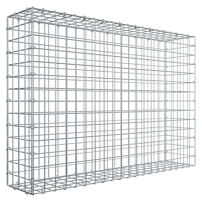 Gabiona Gabione - 100 x 20 x 70 cm, Stahl, Maschenbreite: 50 mm, Maschenhöhe: 50 mm, C-Ring - Das Bild zeigt einen Gabionenkorb aus verzinktem Drahtgeflecht, der zur Gestaltung von Gärten und Landschaften verwendet wird. Er ist robust und langlebig.