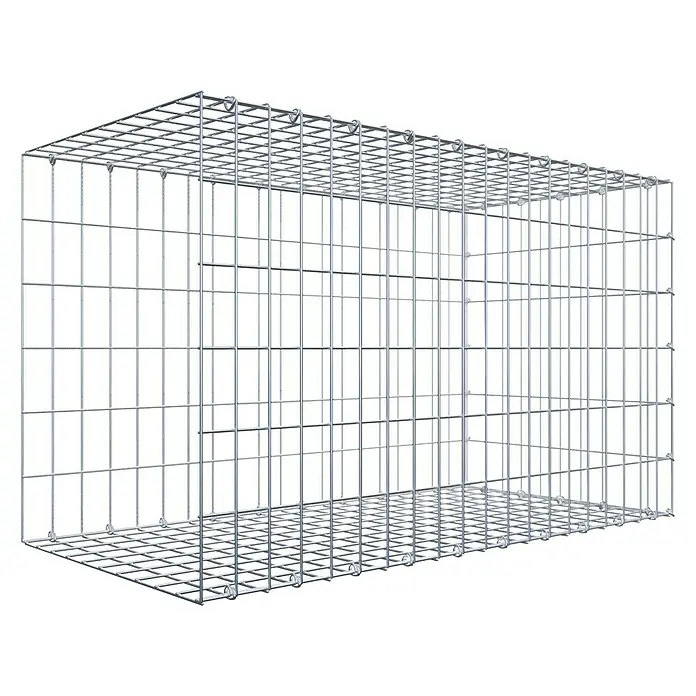 Gabiona Gabione Typ 2 - Zum Anbau in der Länge, 100 x 50 x 60 cm, Stahl, Maschenbreite: 50 mm, Maschenhöhe: 100 mm, C-Ring - Das Bild zeigt eine leere Gabione, einen Drahtkorb, der häufig für Landschaftsbau und Erosionsschutz verwendet wird. Das Drahtgeflecht ist silbern glänzend.