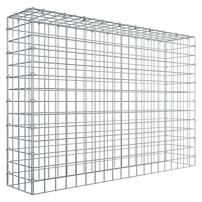 Gabiona Gabione Typ 3 - Zum Anbau in der Höhe, 100 x 20 x 70 cm, Stahl, Maschenbreite: 50 mm, Maschenhöhe: 50 mm, C-Ring - Ein detailreiches Bild eines Gabionenkorbs aus Drahtgitter, ideal für den Garten- und Landschaftsbau zur Hangbefestigung oder als dekoratives Element.