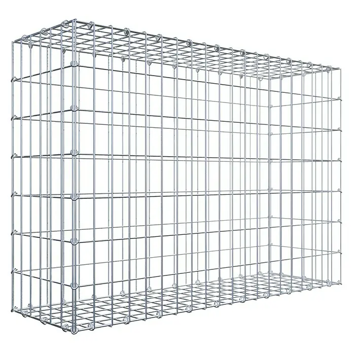 Gabiona Gabione - 100 x 30 x 70 cm, Stahl, Maschenbreite: 50 mm, Maschenhöhe: 100 mm, C-Ring - Das Bild zeigt einen Gabionenkorb aus Metall. Dieser ist leer und hat eine rechteckige Form. Die Drähte sind silbern glänzend.