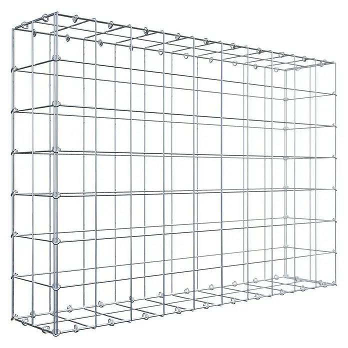 Gabiona Gabione - 100 x 20 x 70 cm, Stahl, Maschenbreite: 100 mm, Maschenhöhe: 100 mm, C-Ring - Das Bild zeigt einen Gabionenkorb aus silbernem Drahtgitter vor einem schwarzen Hintergrund. Der Korb ist leer und hat eine rechteckige Form.