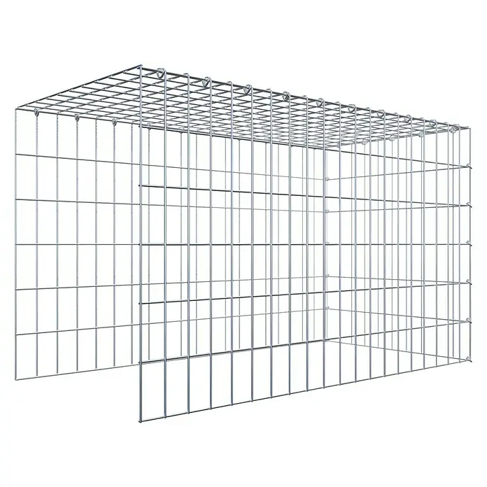 Gabiona Gabione Typ 4 - Zum Anbau in Länge & Höhe, 100 x 50 x 60 cm, Stahl, Maschenbreite: 50 mm, Maschenhöhe: 100 mm, C-Ring - Das Bild zeigt einen rechteckigen Gabionenkorb aus Drahtgitter, der auf einem schwarzen Hintergrund steht und für verschiedene Zwecke verwendet werden kann.