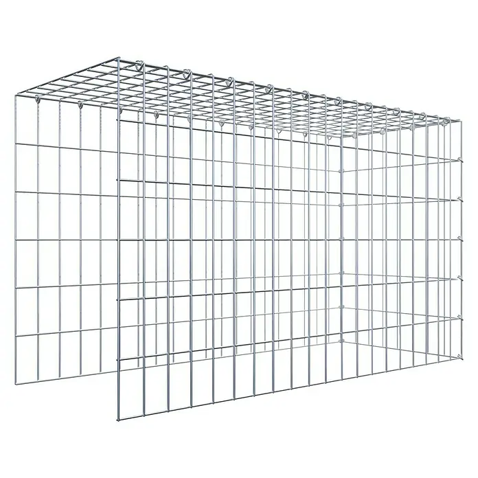 Gabiona Gabione Typ 4 - Zum Anbau in Länge & Höhe, 100 x 40 x 60 cm, Stahl, Maschenbreite: 50 mm, Maschenhöhe: 100 mm, C-Ring - Das Bild zeigt einen rechteckigen Gabionenkorb aus silberfarbenem Drahtgitter auf schwarzem Hintergrund, der Stabilität und Design vereint.