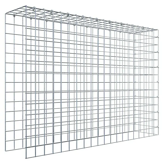 Gabiona Gabione Typ 4 - Zum Anbau in Länge & Höhe, 100 x 20 x 70 cm, Stahl, Maschenbreite: 50 mm, Maschenhöhe: 50 mm, C-Ring - Gabionenstruktur: Eine dreidimensionale Ansicht eines stabilen Drahtgitterkorbs, ideal für Landschaftsbau und Erosionsschutz.