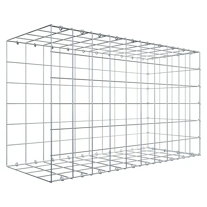 Gabiona Gabione Typ 2 - Zum Anbau in der Länge, 100 x 40 x 60 cm, Stahl, Maschenbreite: 100 mm, Maschenhöhe: 100 mm, C-Ring - Produktansicht eines Gabionenkorbs aus Metall. Der Korb hat eine rechteckige Form und besteht aus einem Gittermuster.