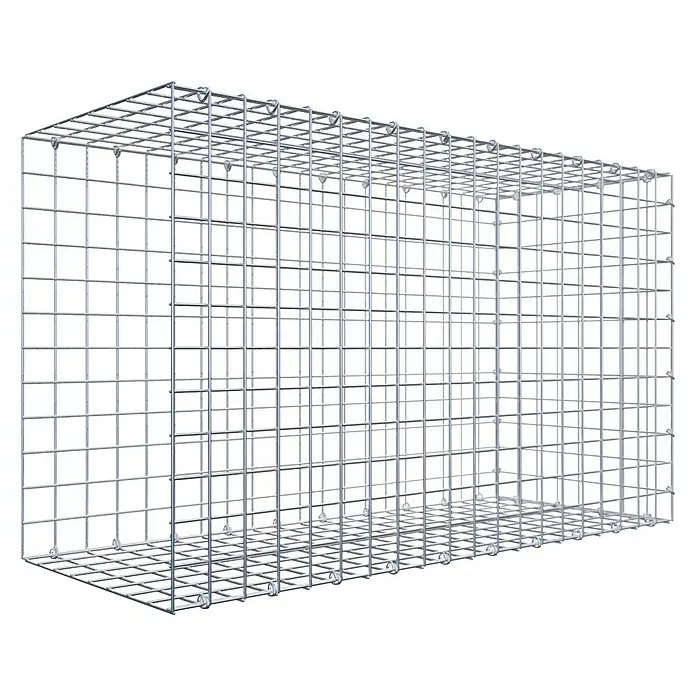 Gabiona Gabione Typ 2 - Zum Anbau in der Länge, 100 x 40 x 60 cm, Stahl, Maschenbreite: 50 mm, Maschenhöhe: 50 mm, C-Ring - Das Bild zeigt einen Gabionenkorb aus Draht, der leer und bereit zur Befüllung ist. Er ist ideal für den Einsatz im Garten- und Landschaftsbau.