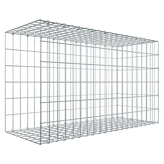 Gabiona Gabione Typ 2 - Zum Anbau in der Länge, 100 x 40 x 60 cm, Stahl, Maschenbreite: 50 mm, Maschenhöhe: 100 mm, C-Ring - Ansicht eines leeren Gabionenkorbs, der eine robuste Lösung für Landschaftsbau und Bauprojekte darstellt.