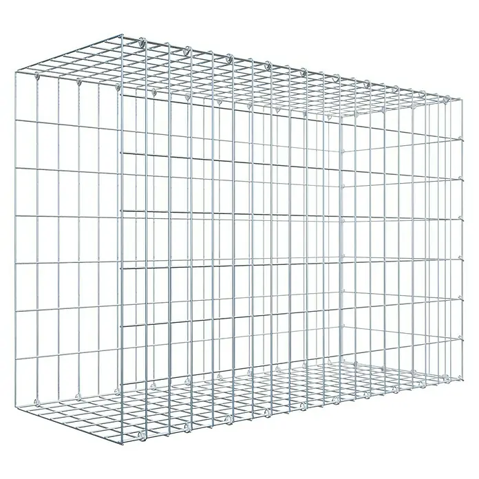 Gabiona Gabione Typ 2 - Zum Anbau in der Länge, 100 x 40 x 70 cm, Stahl, Maschenbreite: 50 mm, Maschenhöhe: 100 mm, C-Ring - Produktabbildung eines Gabionenkorbs aus silbernem Drahtgeflecht, ideal für Gartenbau & Landschaftsgestaltung, mit robustem Design.