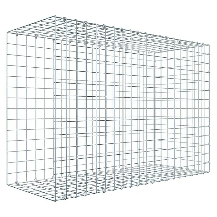 Gabiona Gabione Typ 2 - Zum Anbau in der Länge, 100 x 40 x 70 cm, Stahl, Maschenbreite: 50 mm, Maschenhöhe: 50 mm, C-Ring - Das Bild zeigt einen leeren Gabionenkorb aus verzinktem Drahtgitter. Der Korb ist rechteckig und hat eine regelmäßige Gitterstruktur.