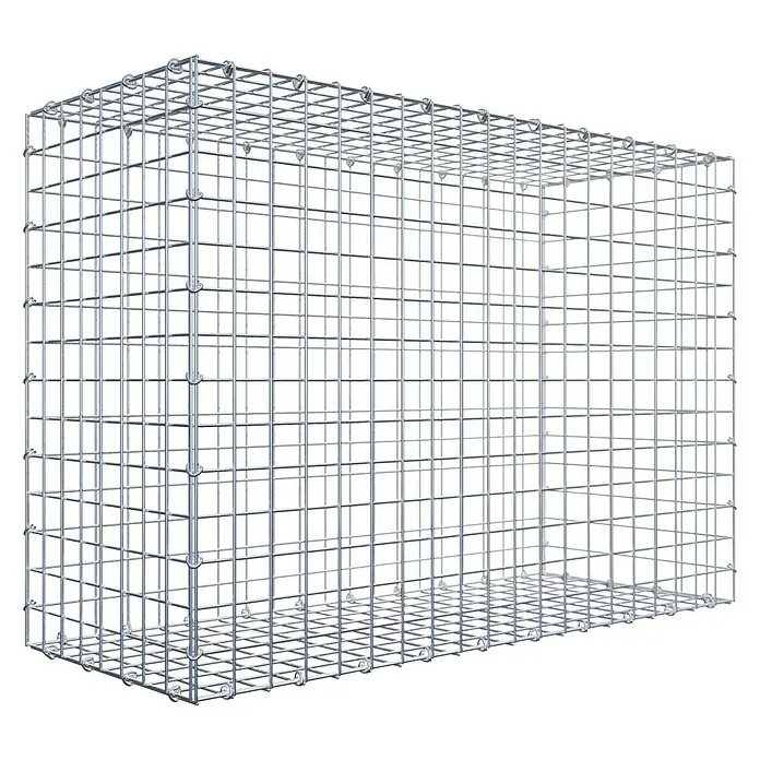 Gabiona Gabione - 100 x 40 x 70 cm, Stahl, Maschenbreite: 50 mm, Maschenhöhe: 50 mm - Das Bild zeigt einen leeren Gabionenkorb aus verzinktem Draht. Der Gabionenkorb ist rechteckig und hat eine offene Oberseite.