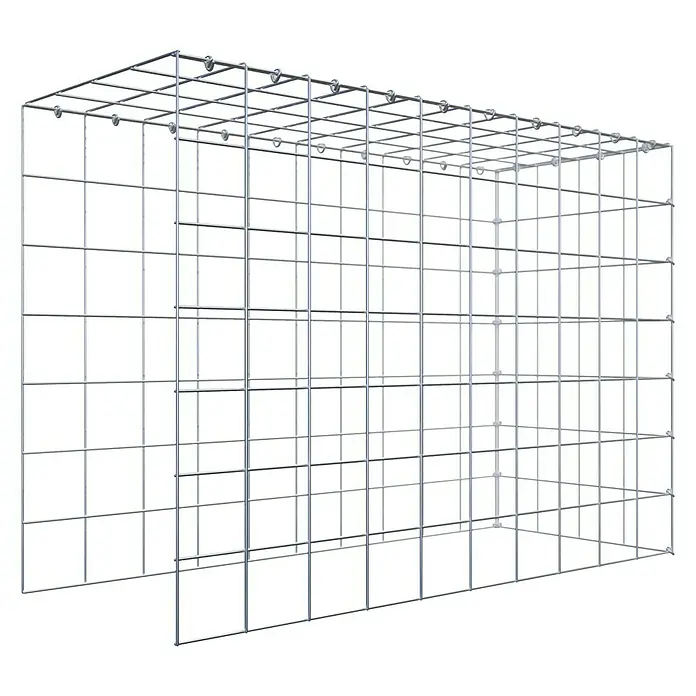 Gabiona Gabione Typ4 - Zum Anbau in Länge & Höhe, 100 x 40 x 70 cm, Stahl, Maschenbreite: 100 mm, Maschenhöhe: 100 mm, C-Ring - Ein detailliertes Bild eines Gabionenkorbs. Die Drahtgitterstruktur ist deutlich sichtbar, ideal für den Einsatz im Garten- und Landschaftsbau.