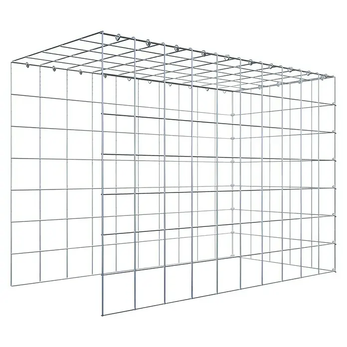 Gabiona Gabione Typ 4 - Zum Anbau in Länge & Höhe, 100 x 50 x 70 cm, Stahl, Maschenbreite: 100 mm, Maschenhöhe: 100 mm, C-Ring - Ein großes, silbernes Gabionen-Element in Quaderform, das aus einem Gitter aus Metallstreben besteht und auf einem schwarzen Hintergrund steht.