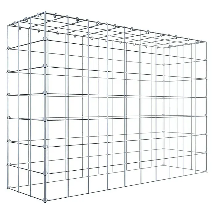 Gabiona Gabione Typ 3 - Zum Anbau in der Höhe, 100 x 30 x 70 cm, Stahl, Maschenbreite: 100 mm, Maschenhöhe: 100 mm, C-Ring - Das Bild zeigt einen Gabionenkorb aus silberfarbenem Drahtgitter. Er ist leer und seine rechteckige Struktur gut erkennbar.