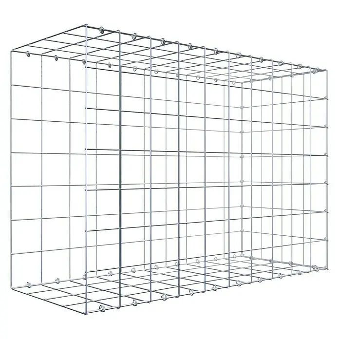 Gabiona Gabione Typ 2 - Zum Anbau in der Länge, 100 x 40 x 70 cm, Stahl, Maschenbreite: 100 mm, Maschenhöhe: 100 mm, C-Ring - Draufsicht eines leeren Gabionen-Drahtkorbs, ideal für Landschaftsbau und Erosionsschutz. Die robuste Konstruktion sorgt für Stabilität und Langlebigkeit.