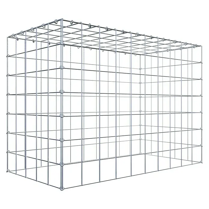 Gabiona Gabione Typ 3 - Zum Anbau in der Höhe, 100 x 50 x 70 cm, Stahl, Maschenbreite: 100 mm, Maschenhöhe: 100 mm, C-Ring - Ansicht eines rechteckigen Gabionenkorbs. Der Drahtkorb ist leer und bereit für die Befüllung mit Steinen oder anderen Materialien.